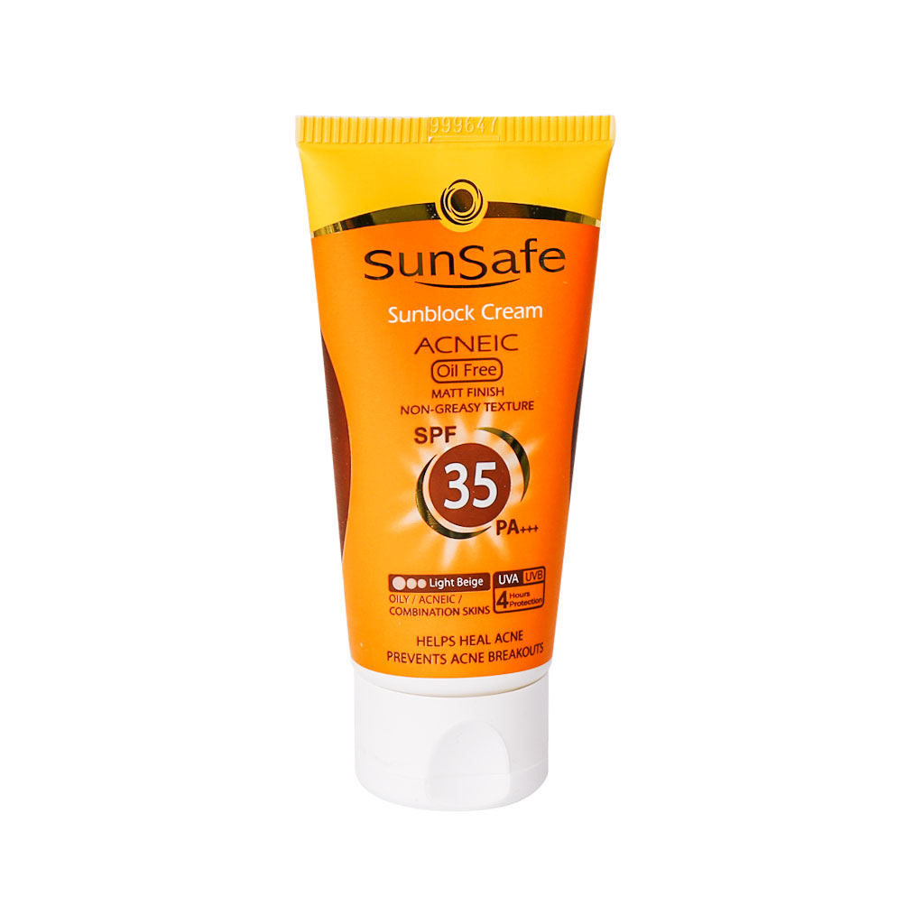 کرم ضد آفتاب SPF35 فاقد چربی مناسب پوست چرب و آکنه ای سان سیف (بژ روشن)